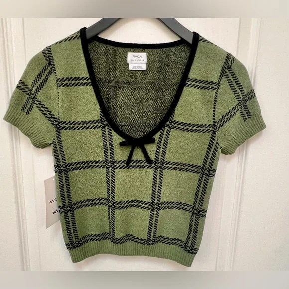 RVCA‎ XS Leaf Green Plaid Crop Sweater Betty Top Short Sleeve Grunge NWT - Picture 12 of 12